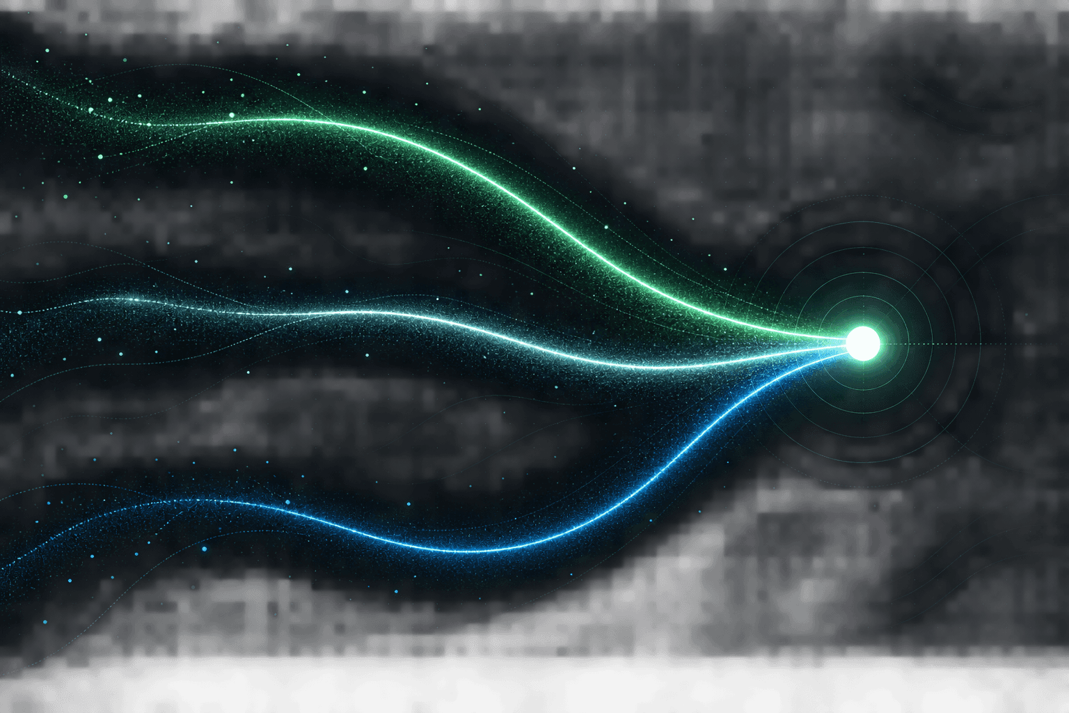 Three luminous probability paths converging into one forecast point